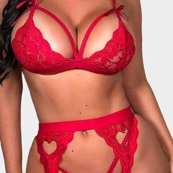 Red 3pcs Lace Cut-out Lingerie Set with Garter Belt - Picture 2 of 3
